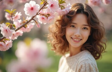 Fototapeta premium Beautiful woman with curly hair smiles near blooming sakura tree. Young female enjoys floral pink blossom in spring garden. Pretty girl face portrait during Hanami festival, Japan.