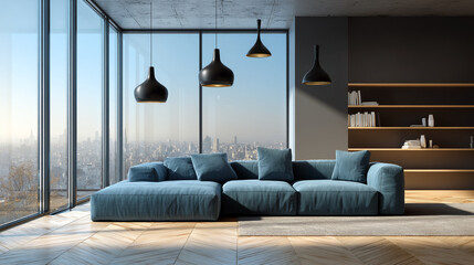 Modern living room interior showcase featuring a teal sectional sofa, wooden floors, city view, and minimalist shelving, representing contemporary elegance and urban living