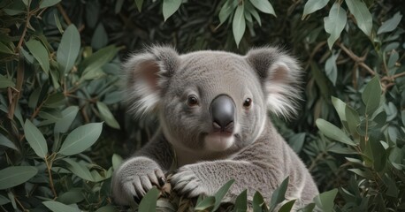 Fototapeta premium Adorable koala joey nestled amongst eucalyptus leaves in a continuous repeating pattern , seamless pattern, print