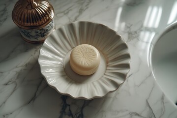 Obraz premium A luxurious soap bar on a ruffled plate with an ornate container sits on a marble countertop in a bathroom setting, conveying elegance and self-care.