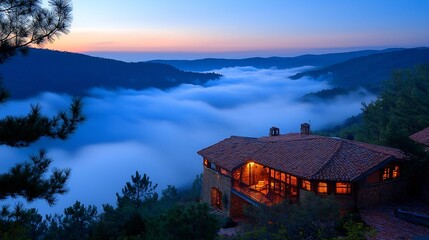 Peaceful mountain retreat soft clouds drifting by pristine nature and calm waters cinematic serene getaway