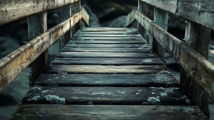 Obraz premium Wooden walkway leading into a shadowy space.
