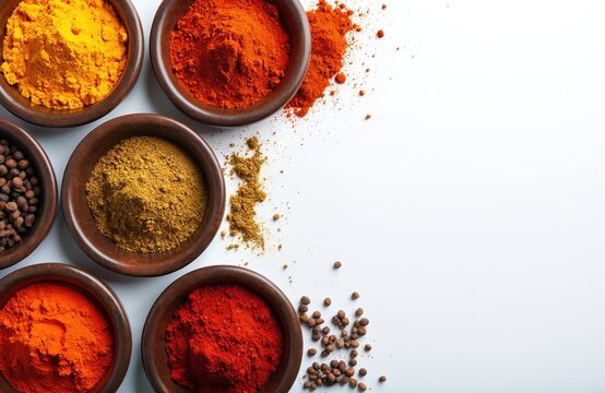 Top view set of spice bowls. Collection of world spices curry powder, chili, paprika. Dry ingredients for cooking, restaurant menu, food blog. White background, copy space for text, advertisement