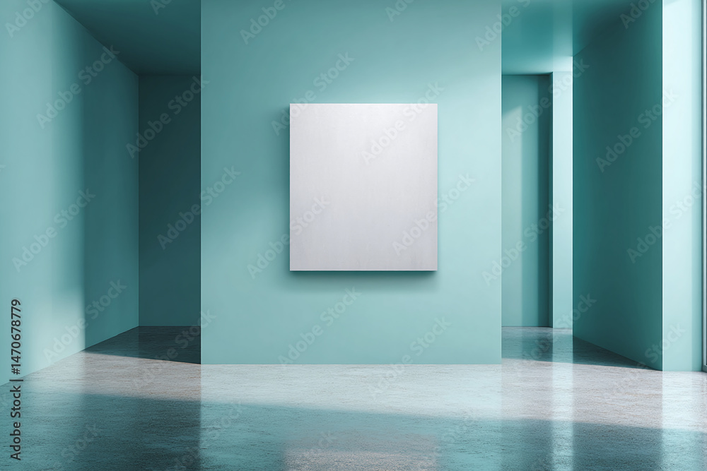 Poster minimalist interior scene featuring a blank white canvas on a teal wall, showcasing clean lines and 