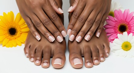 Mãos e pés de mulher negra brasileira com manicure e pedicure impecáveis ao lado de flores – estética e beleza para salões © DENIS