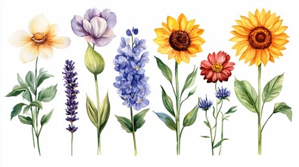 Vibrant Watercolor Flowers Collection of Sunflower, Rose, and Tulip