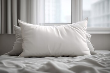 Obraz premium Close-up of a meticulously arranged bed featuring a pristine white pillow set against the backdrop of a bright window and soft, elegant curtains, inviting comfort.