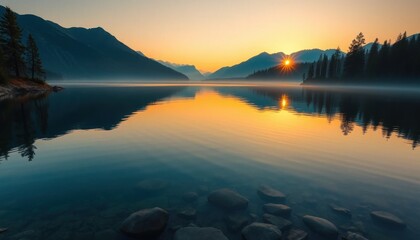 Fototapeta premium Picturesque mountain lake reflecting golden sunlight at daybreak, showcasing serene nature view and tranquil atmosphere with misty mountains