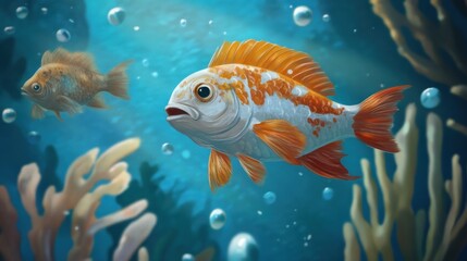 Fototapeta premium Orange and white fish swimming in blue water with coral