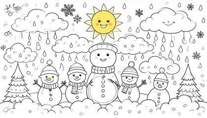 Fototapeta premium Fun black-and-white coloring page featuring smiling snowmen, rain clouds, sun, and raindrops—perfect for children's weather education, crafts, and seasonal activity books. Ai generated