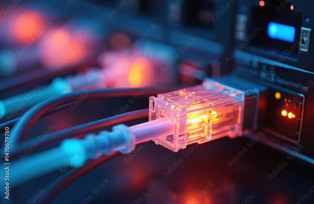 Poster fiber optic cable connected to server port, transferring data. illustration showing internet lan con