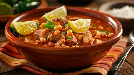 Savor a bright bowl of pozole with fresh lime wedges, perfect for a clean, vibrant aesthetic. A culinary delight awaits