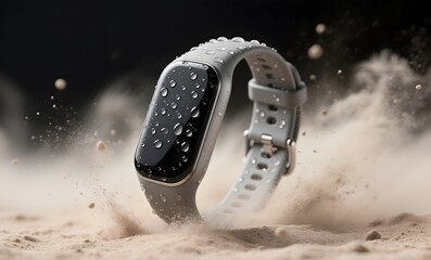 Waterproof Fitness Tracker Surrounded by Sand and Water Droplets with Dramatic Spotlight Highlighting Durability Features