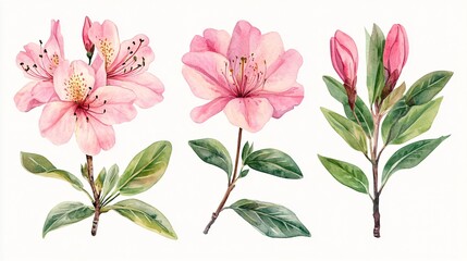 Elegant Watercolor Sakura Pink Flowers and Leaves Branch