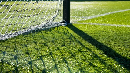 A soccer goal projects a  shadow on the vibrant green field, setting the stage for an epic match.