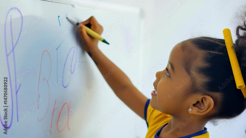Poster a smiling young girl draws with a marker on a whiteboard, expressing creativity and joy in a learnin