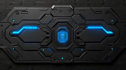 Fototapeta premium Futuristic, dark panel with glowing blue accents.
