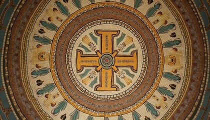 Intricate Byzantine mosaic ceiling. Central cross surrounded by floral motifs, decorative circles. Artwork represents Christian religious art, history, architecture, ottoman heritage, cultural