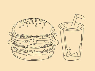 fast food and drink. Burger and fries. doodle burger pattern background. hamburger pattern.doodle fast food burger seamless pattern background. seamless pattern of burger in doodle style.Cheese Burger