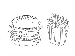Burger and fries. doodle burger pattern background. hamburger pattern. doodle fast food burger seamless pattern background. seamless pattern of burger in doodle style. Cheese Burger or Hamburger.