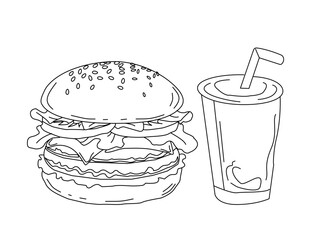 Burger and fries. doodle burger pattern background. hamburger pattern. doodle fast food burger seamless pattern background. seamless pattern of burger in doodle style. Cheese Burger or Hamburger.