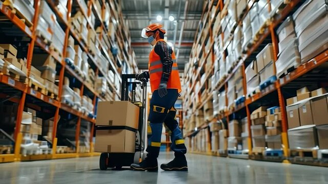 This warehouse shows a worker using a pallet jack loaded with boxes. Shelving and inventory extend into the distance. The worker wears safety gear and mask and is pushing the pallet jack.