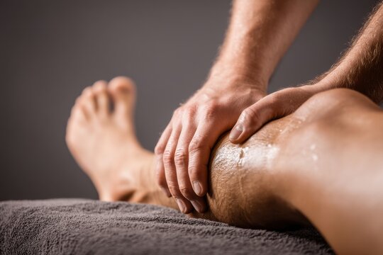 Close up of a man receiving an ankle massage to relieve pain, with a focus on relaxation and healing, showcasing professional care and therapy for well-being.