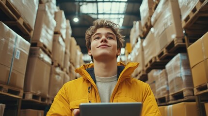 Young person with tablet in a warehouse interior.
