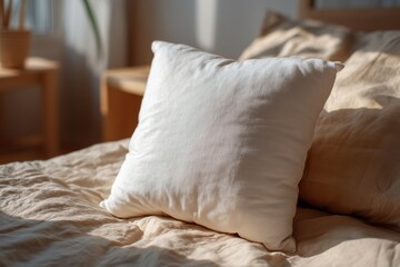 A calming scene featuring a white pillow resting on a soft, beige bed, illuminated by gentle sunlight streaming through a window in a cozy bedroom setup.