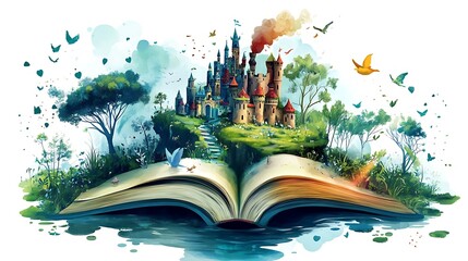 Fantasy castle on open book illustration watercolor style