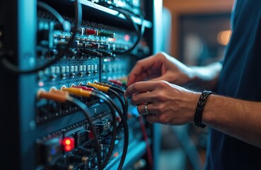 Sound engineer connects audio cables studio system boxes. Technician plugs microphone, mixer cables for recording session. Male hands on studio equipment, creating music, concert, event audio mix,
