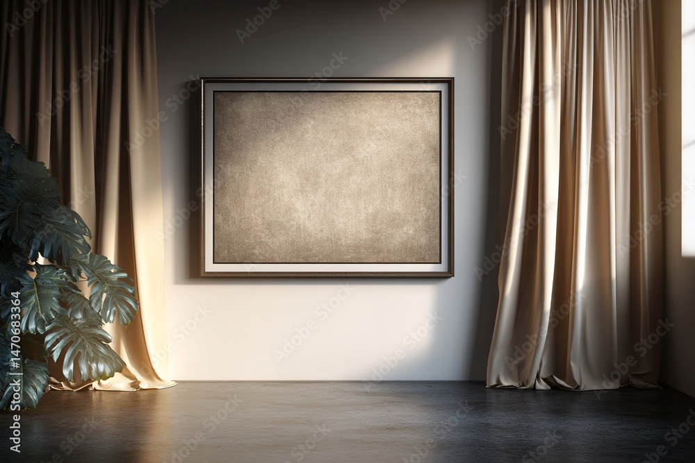 Poster Beige curtains frame a large, blank canvas in a gold frame, creating a minimalist, elegant showcase perfect for art or product display