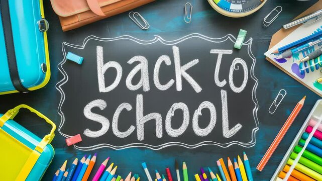 A flat lay of diverse school supplies arranged on a dark teal surface with a central "Back to School" inscription. The arrangement includes colorful pencils, clipboards, and two different bags.