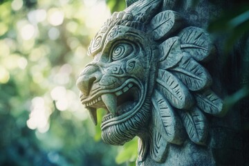 Fototapeta premium Intricate stone carving of a mythical lion-like creature, adorned with feathers, set against a lush green backdrop.