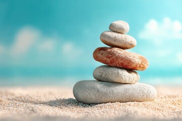 Zen stones stacked on a sandy beach with the blurred blue sky, creating a peaceful and calming scene that promotes relaxation and balance of mind and body.
