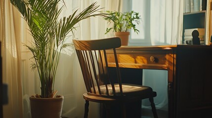 Sunlight illuminates a wooden desk and chair near plants in a home office setting with warm lighting