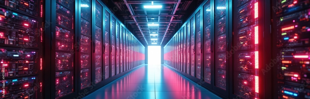 Aufkleber Futuristic data center server room with neon lights. Modern tech, data storage, high-tech server racks, illuminated servers. Innovation, cloud computing, data processing, information security,