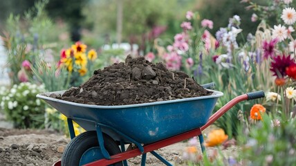 Blue wheelbarrow full of soil in a garden with colorful flowers in the background