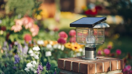A solar-powered lamp in a vibrant garden setting, with colorful flowers in the background, bringing together technology and nature.
