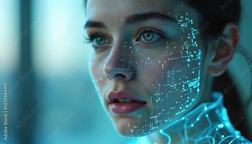 Aufkleber young woman face with digital grid. facial recognition tech concept. artificial intelligence, deepfa