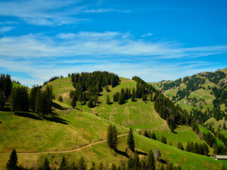 Lush green hills under a bright blue sky with scattered clouds during daytime