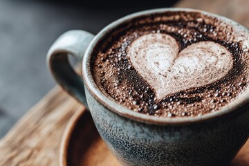 Close-up of a cup of delicious cappuccino with a heart shape on top on a wood tray, providing a sense of warmth and comfort, ideal for a coffee break.