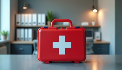 Red first aid kit with white cross on a desk. Office interior in the background. Essentials for health safety at workplace. Emergency first responder care.