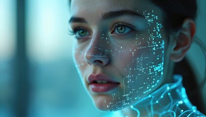 Young woman face with digital grid. Facial recognition tech concept. Artificial intelligence, deepfake, face swap, video editing with machine learning, data security. Digital identity exchange