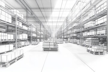 Architectural blueprint of a large warehouse interior.
