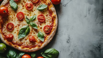 Delicious pizza topped with fresh basil and cherry tomatoes.