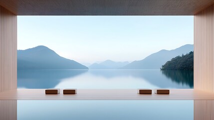 Serene Zen Meditation Room with Panoramic Lake and Mountain View