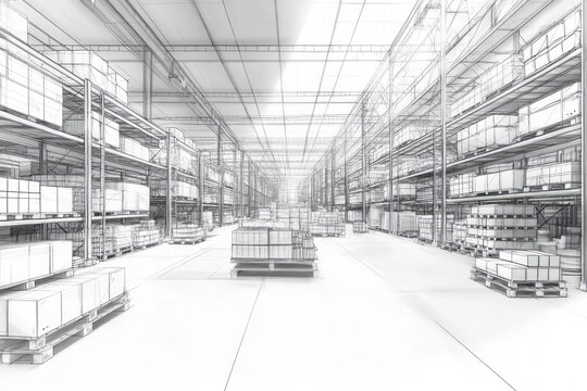 Architectural blueprint of a large warehouse interior.