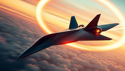 A high-speed supersonic jet soaring through the sky at Mach speed, leaving a visible sonic boom cloud ring, with futuristic neon streaks and a sleek stealth design against a sunset-toned atmosphere