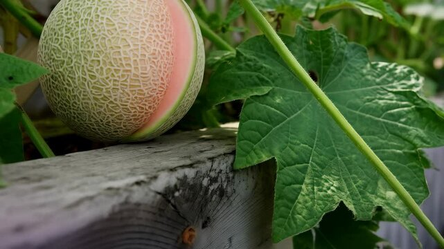 Ripe cantaloupe melon on vine rests on wooden surface, showcasing its textured rind and vibrant pink flesh.